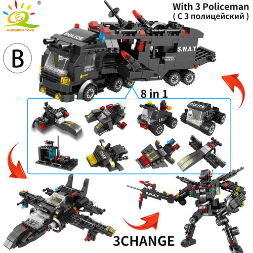 Huiqibao Swat Police Station Truck Model Building Blocks City Machine