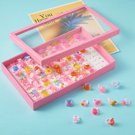 100pcs/box Cute Children's Day Jewelry Plastic Kids Ring Girl Resin