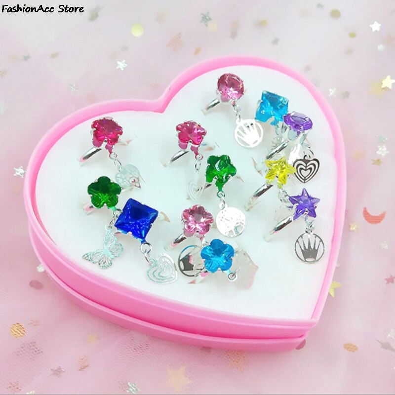 10pcs Children Kids Little Girl Gift Jewelry Adjustable Rings In Box