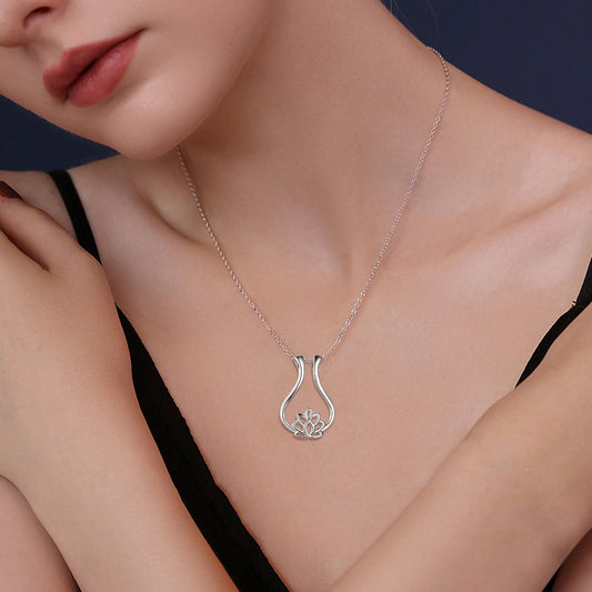 Sterling Silver Ring Holder Necklace Rhombus Lotus Flower Pendant