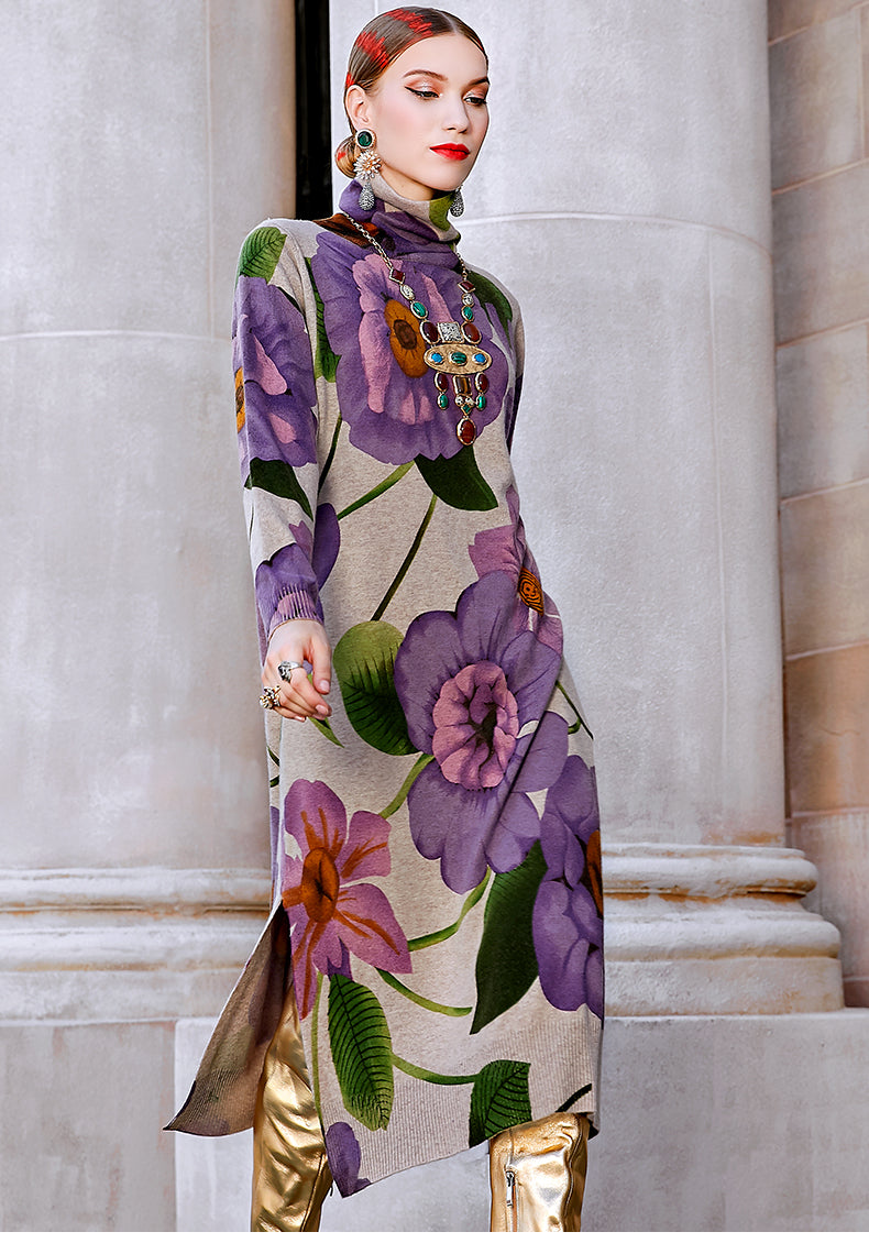 2022 Winter Casual Floral Knited Turtleneck Sweater Dress Autumn