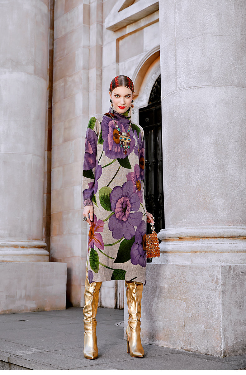 2022 Winter Casual Floral Knited Turtleneck Sweater Dress Autumn