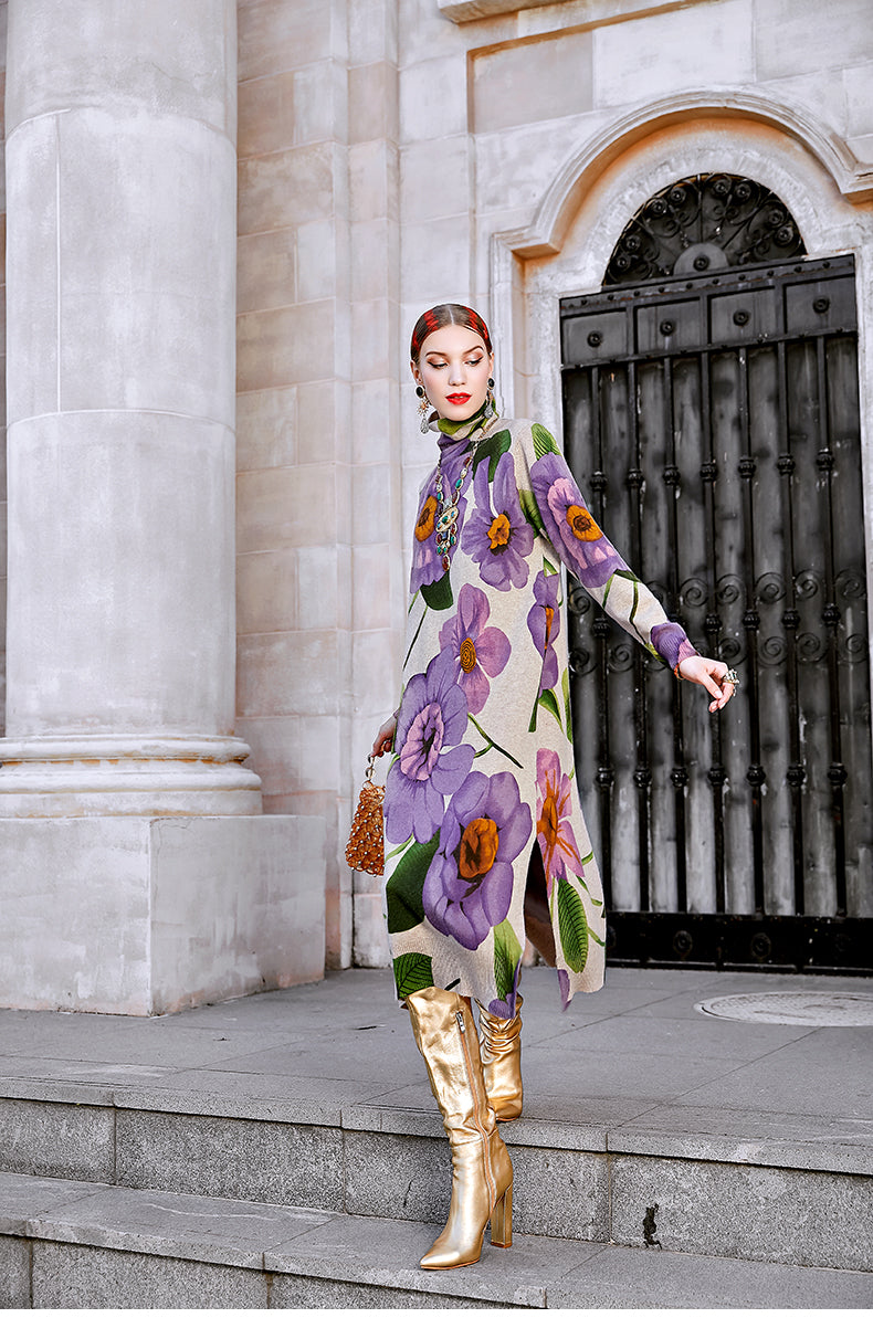 2022 Winter Casual Floral Knited Turtleneck Sweater Dress Autumn