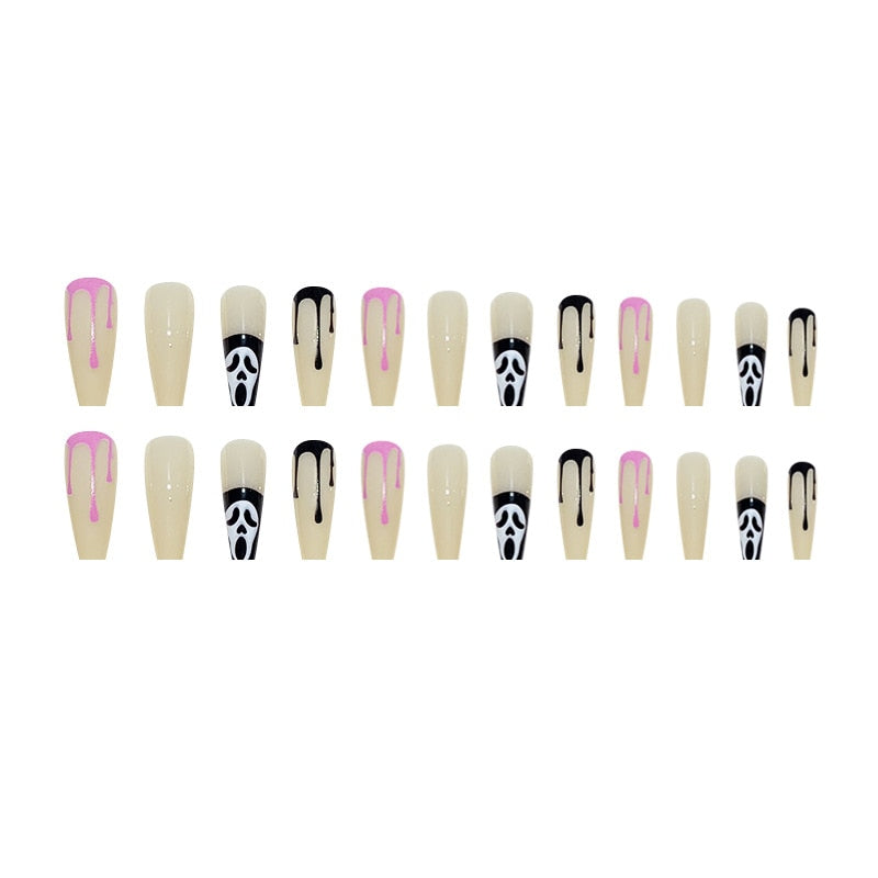 24Pcs Long Coffin False Nails Halloween Fire Designs Wearable French