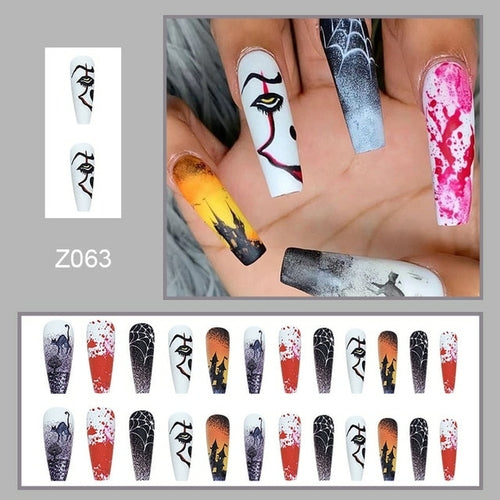 24Pcs Long Coffin False Nails Halloween Fire Designs Wearable French