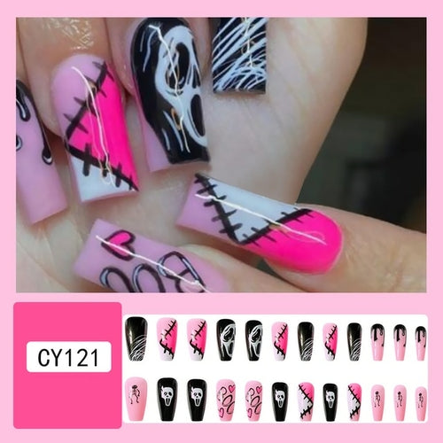 24Pcs Long Coffin False Nails Halloween Fire Designs Wearable French