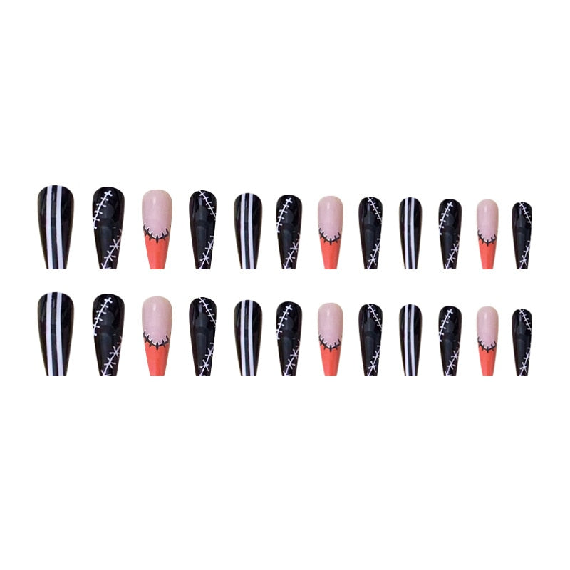 24Pcs Long Coffin False Nails Halloween Fire Designs Wearable French