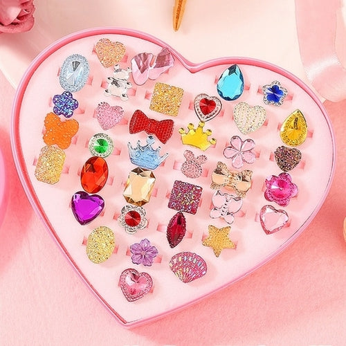 36pcs Children Kids Little Girl Gift, Jewelry Adjustable Rings In Box,