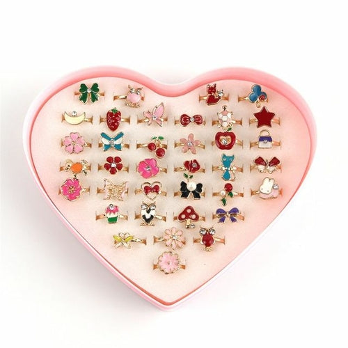 36pcs Children Kids Little Girl Gift, Jewelry Adjustable Rings In Box,