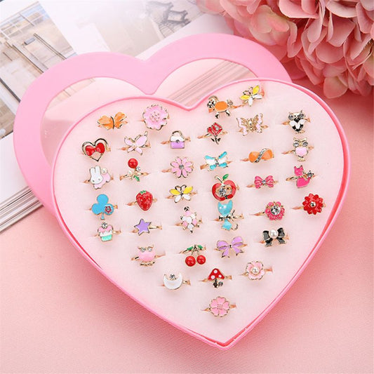 36pcs Children Kids Little Girl Gift, Jewelry Adjustable Rings In Box,