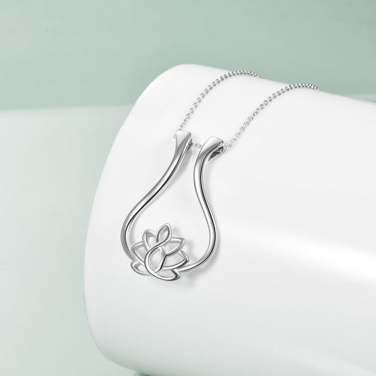 Sterling Silver Ring Holder Necklace Rhombus Lotus Flower Pendant