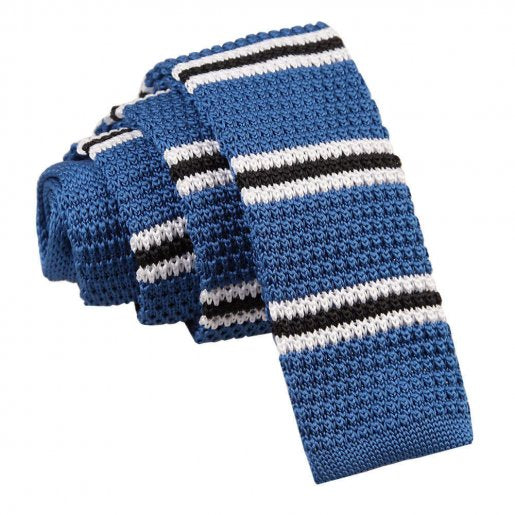 Knitted 3 Thin Stripe Skinny Tie - Knitted Blue with Black & White