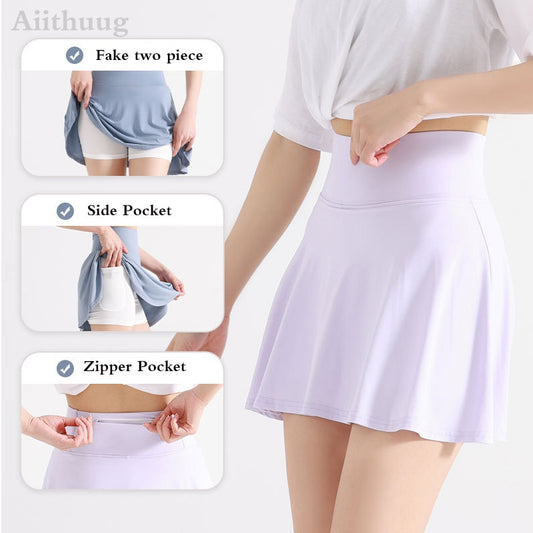 Aiithuug Side Pocket Zipper Tennis Skirt Athletic Pleated Mini Skirt