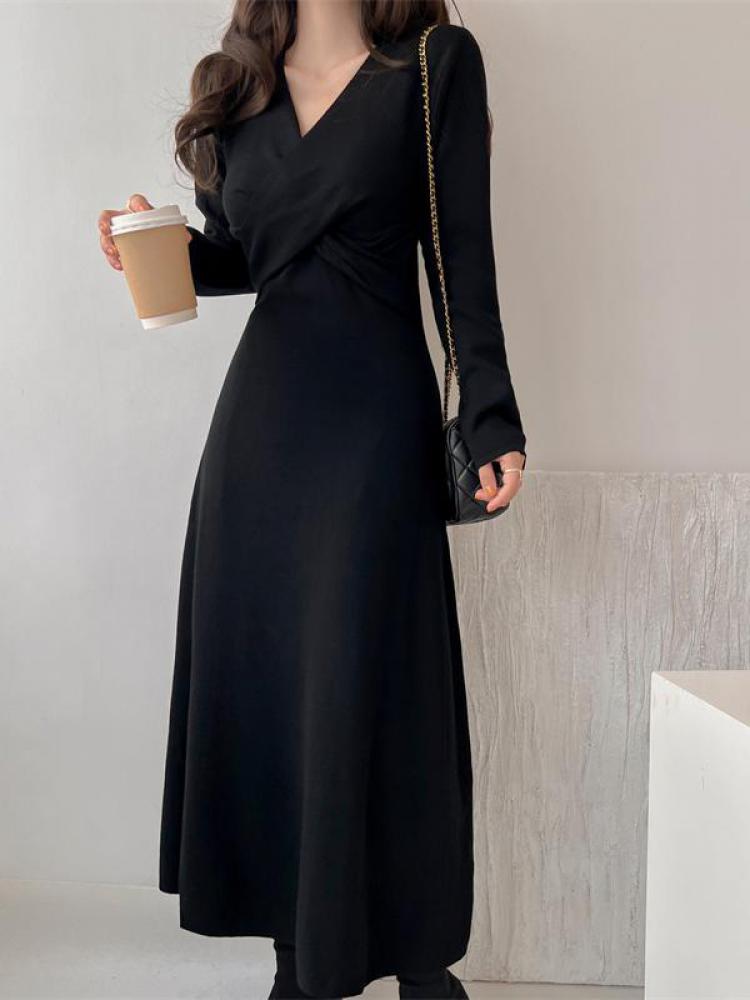 Autumn Winter Vintage V-neck Knitted Sweater Dress Women Long Sleeve