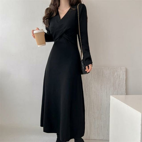 Autumn Winter Vintage V-neck Knitted Sweater Dress Women Long Sleeve