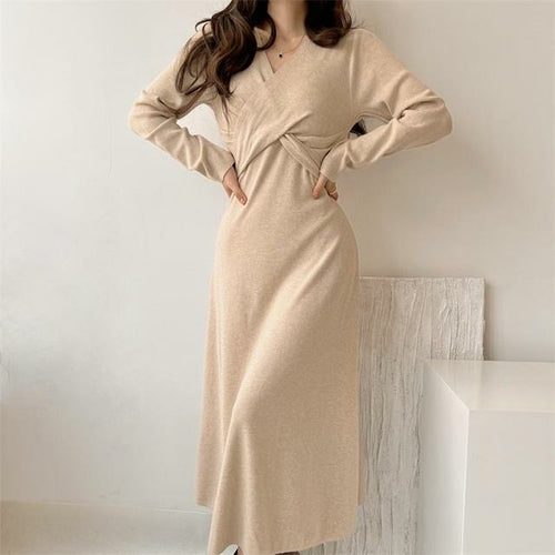 Autumn Winter Vintage V-neck Knitted Sweater Dress Women Long Sleeve
