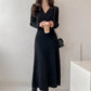 Autumn Winter Vintage V-neck Knitted Sweater Dress Women Long Sleeve
