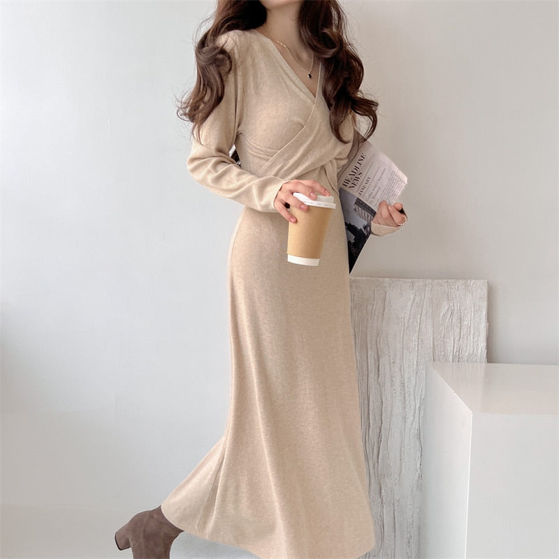 Autumn Winter Vintage V-neck Knitted Sweater Dress Women Long Sleeve
