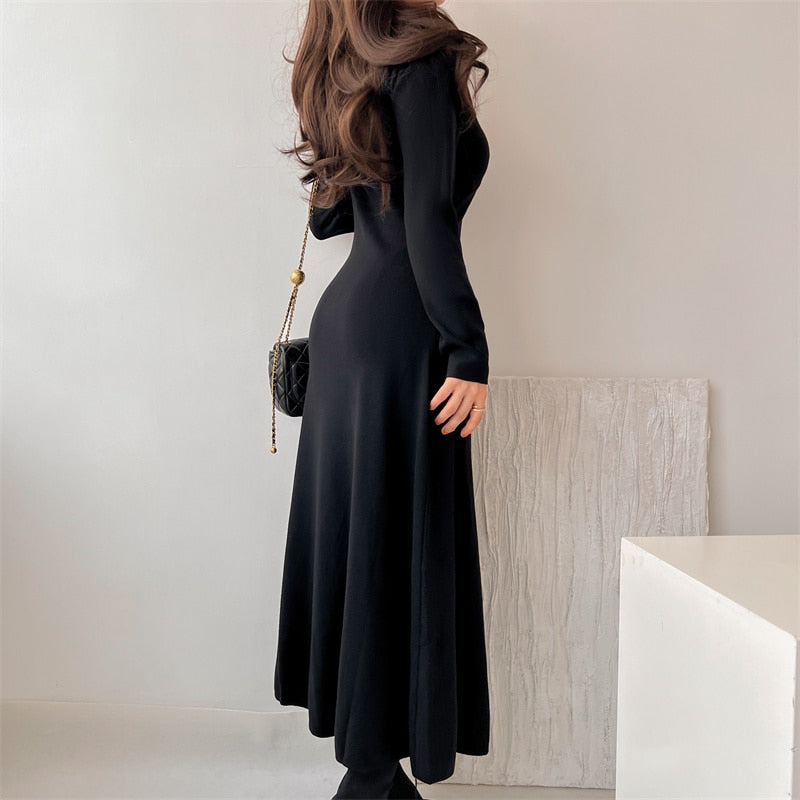 Autumn Winter Vintage V-neck Knitted Sweater Dress Women Long Sleeve