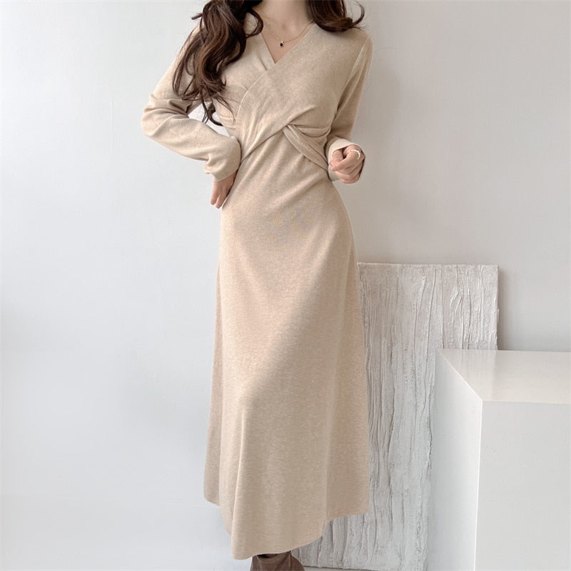 Autumn Winter Vintage V-neck Knitted Sweater Dress Women Long Sleeve