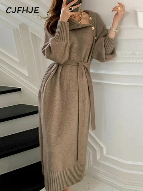 Elegant Full Sleeve Lace up Female Thicken Long Dress for Sweater
