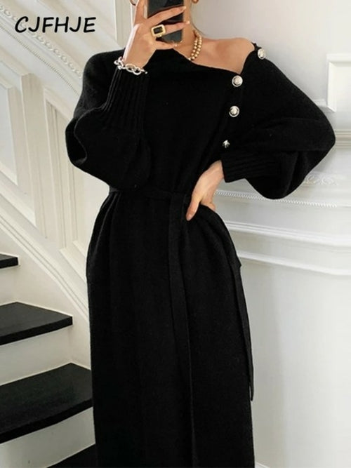 Elegant Full Sleeve Lace up Female Thicken Long Dress for Sweater