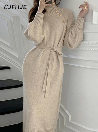 Elegant Full Sleeve Lace up Female Thicken Long Dress for Sweater