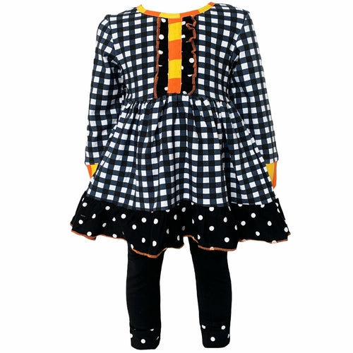 AnnLoren Girls Autumn Black and White Gingham Dress & Leggings Outfit