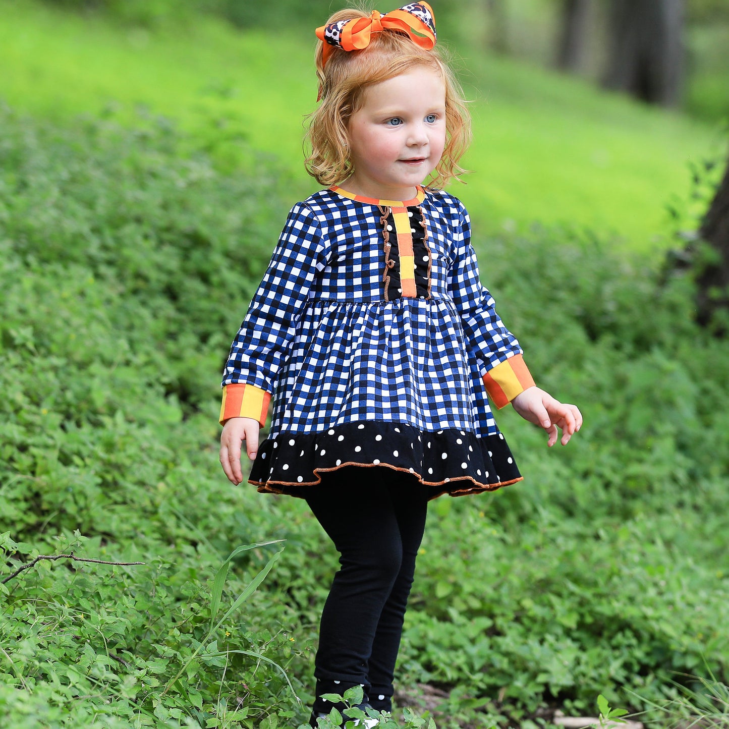 AnnLoren Girls Autumn Black and White Gingham Dress & Leggings Outfit