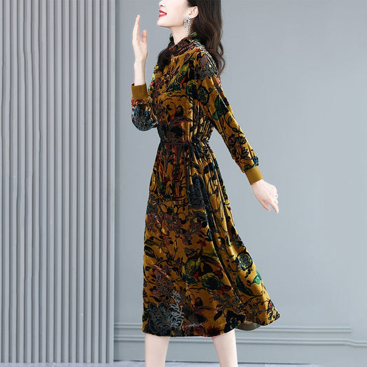 Gold Velvet Fashion Big High Collar Bottoming Dress 2022 Autumn And