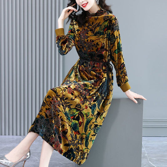 Gold Velvet Fashion Big High Collar Bottoming Dress 2022 Autumn And