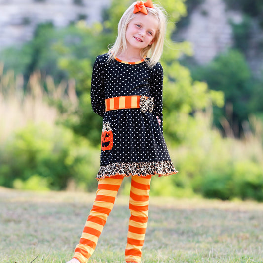 AnnLoren Girls' Halloween Orange Pumpkin Polka Dot Dress & Leggings