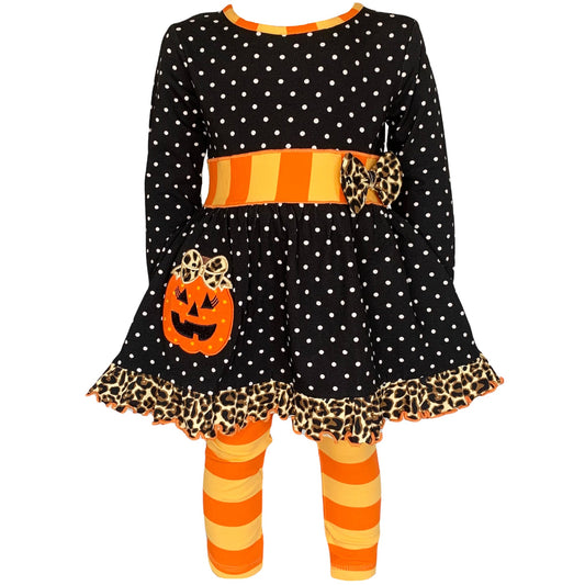 AnnLoren Girls' Halloween Orange Pumpkin Polka Dot Dress & Leggings
