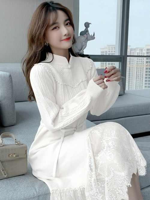 Maxi Dresses For Women Party Long Sleeve Midi Patchwork Knitted