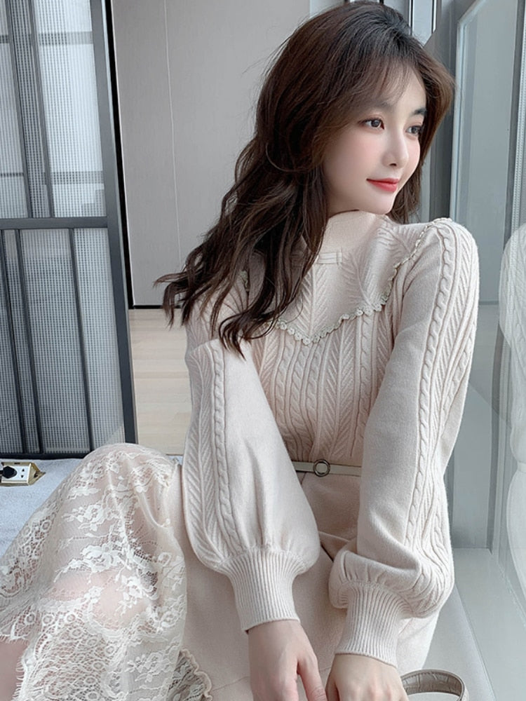 Maxi Dresses For Women Party Long Sleeve Midi Patchwork Knitted