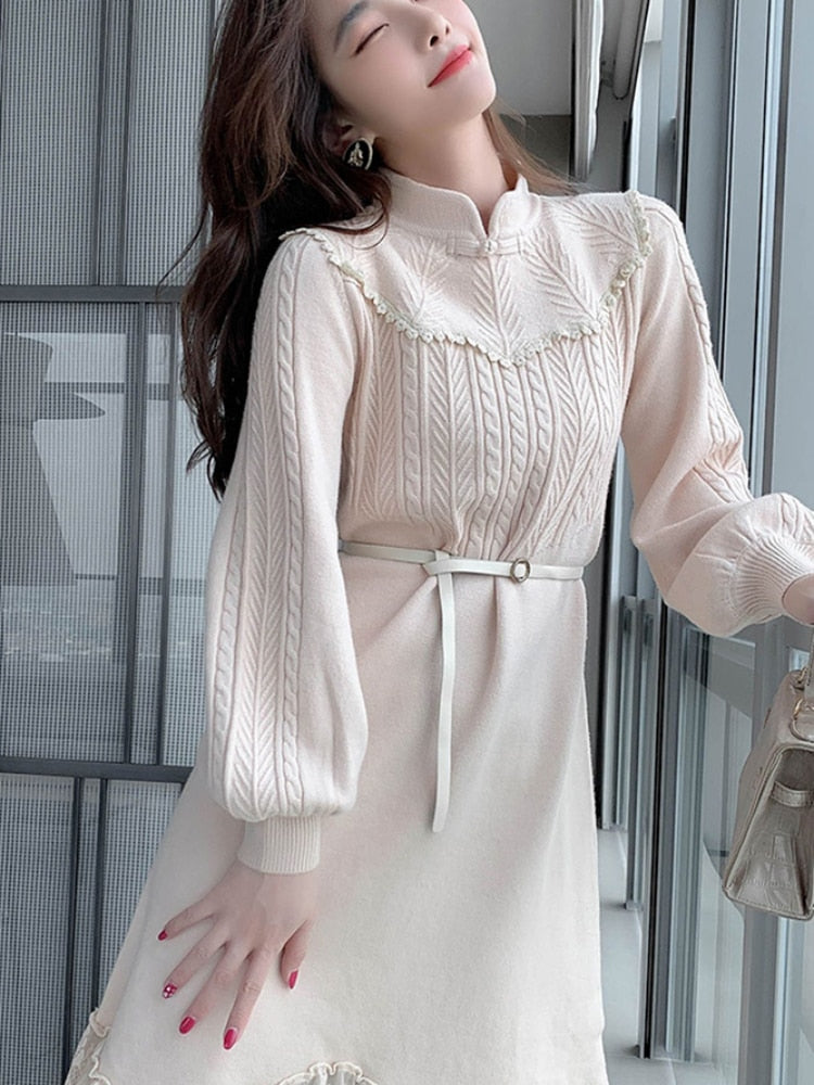 Maxi Dresses For Women Party Long Sleeve Midi Patchwork Knitted