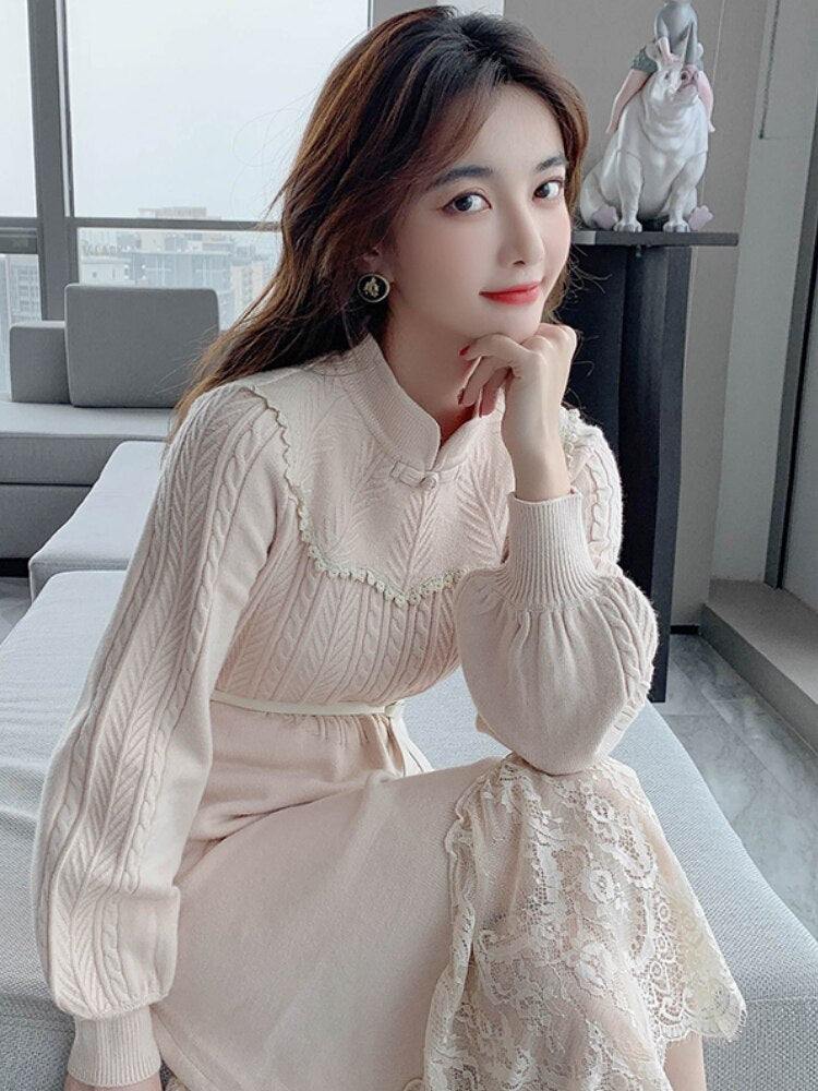 Maxi Dresses For Women Party Long Sleeve Midi Patchwork Knitted