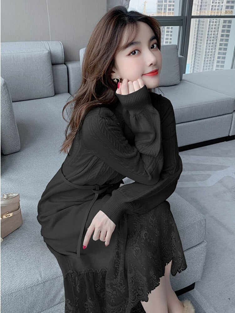 Maxi Dresses For Women Party Long Sleeve Midi Patchwork Knitted