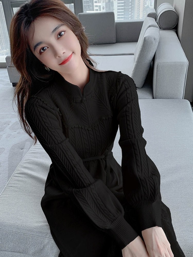 Maxi Dresses For Women Party Long Sleeve Midi Patchwork Knitted