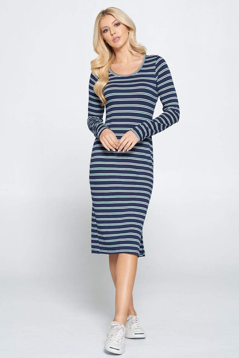 Striped Relaxed Bodycon Midi Dress with Slit