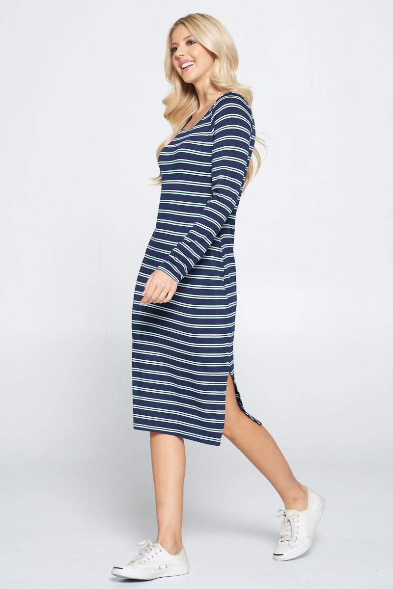 Striped Relaxed Bodycon Midi Dress with Slit