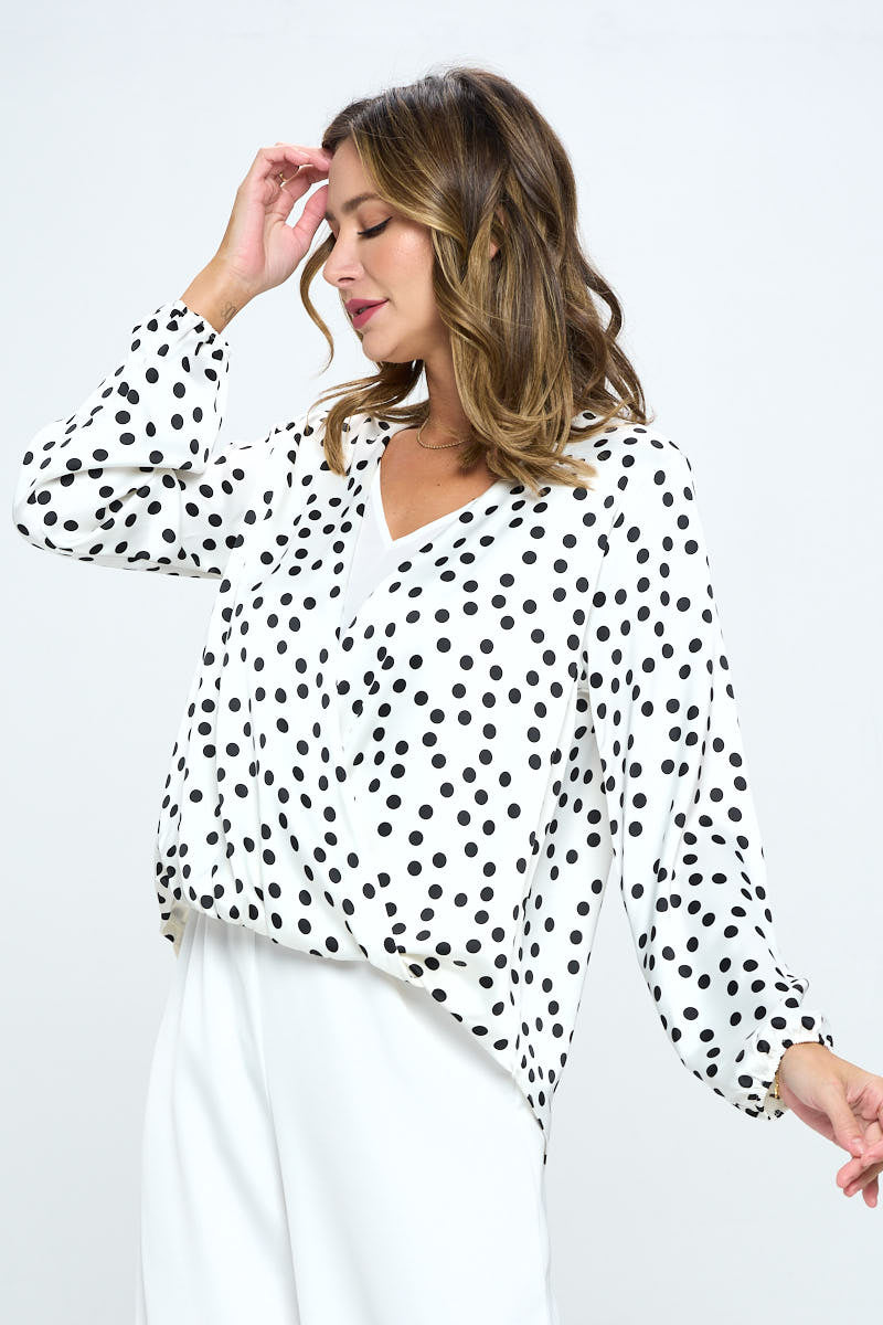 Polka Dot Long Sleeve Surplice Top