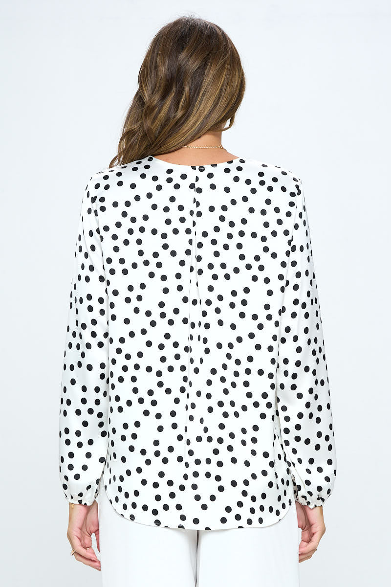 Polka Dot Long Sleeve Surplice Top