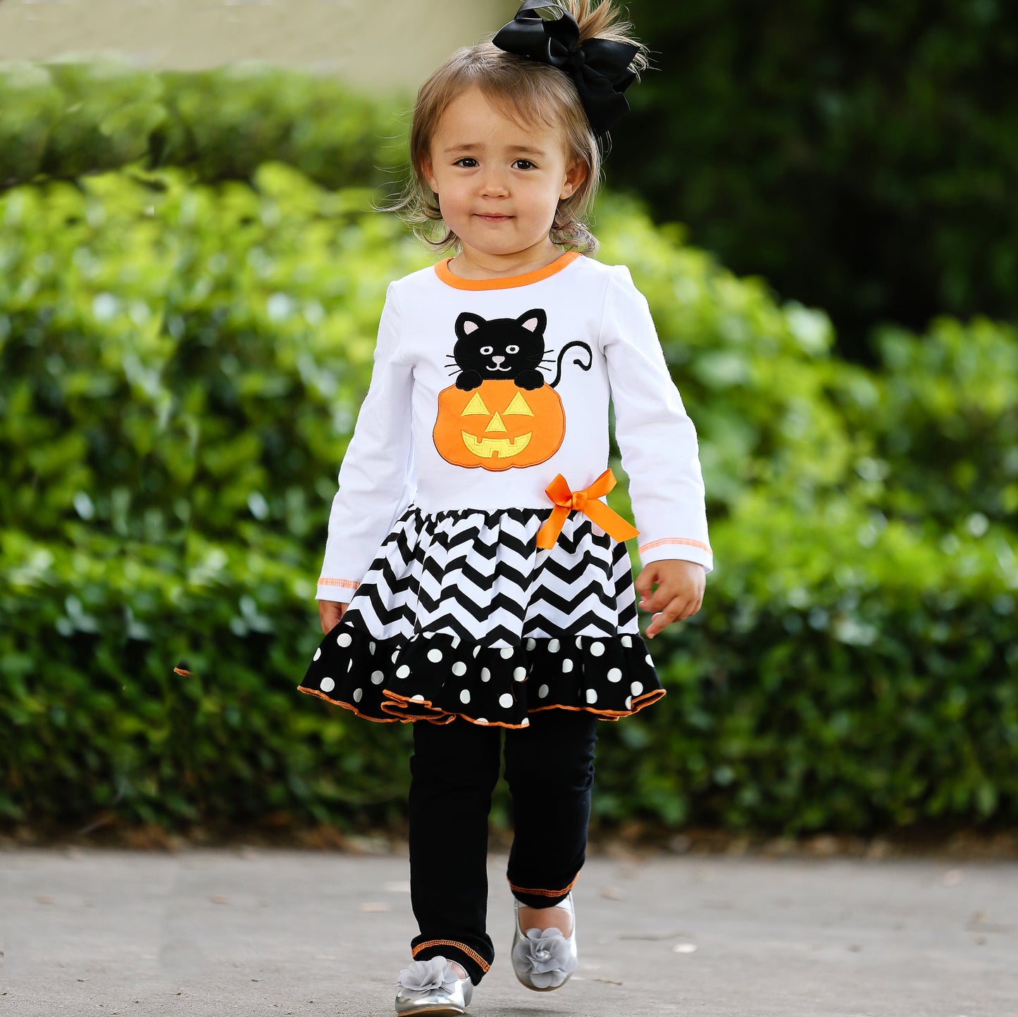 AnnLoren Girls' Halloween Orange Pumpkin and Black Cat Dress &