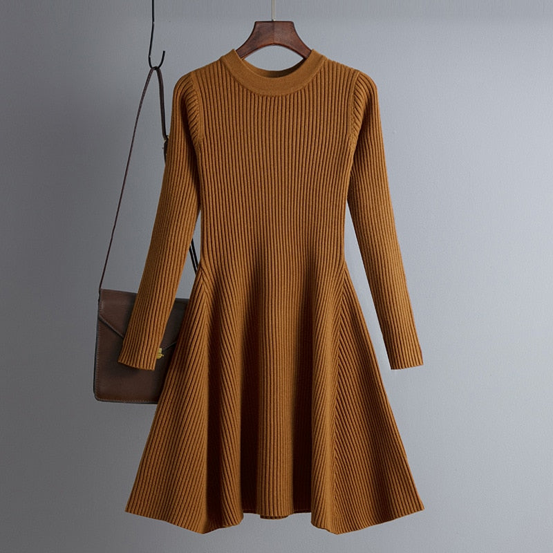 Simple Basic Autumn Winter A-line Thick Sweater Dress Women Elegant