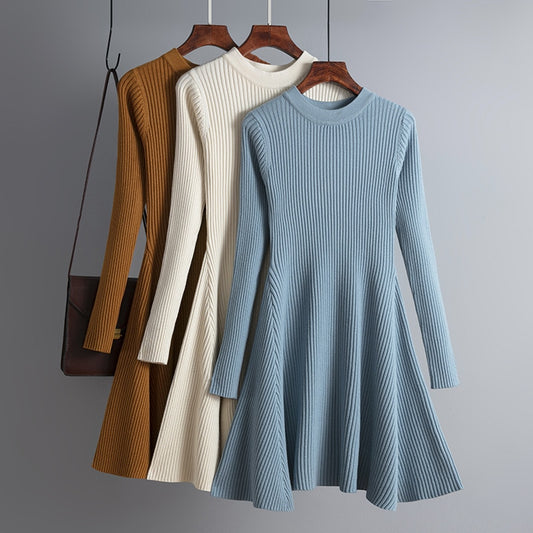 Simple Basic Autumn Winter A-line Thick Sweater Dress Women Elegant