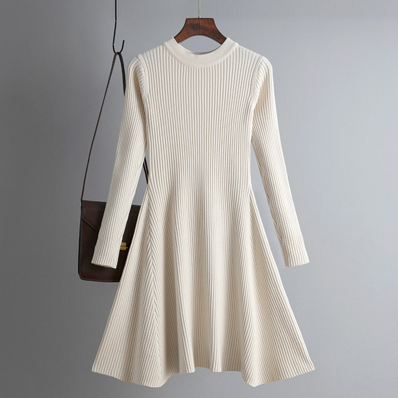 Simple Basic Autumn Winter A-line Thick Sweater Dress Women Elegant