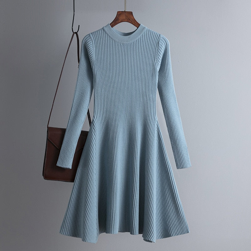 Simple Basic Autumn Winter A-line Thick Sweater Dress Women Elegant