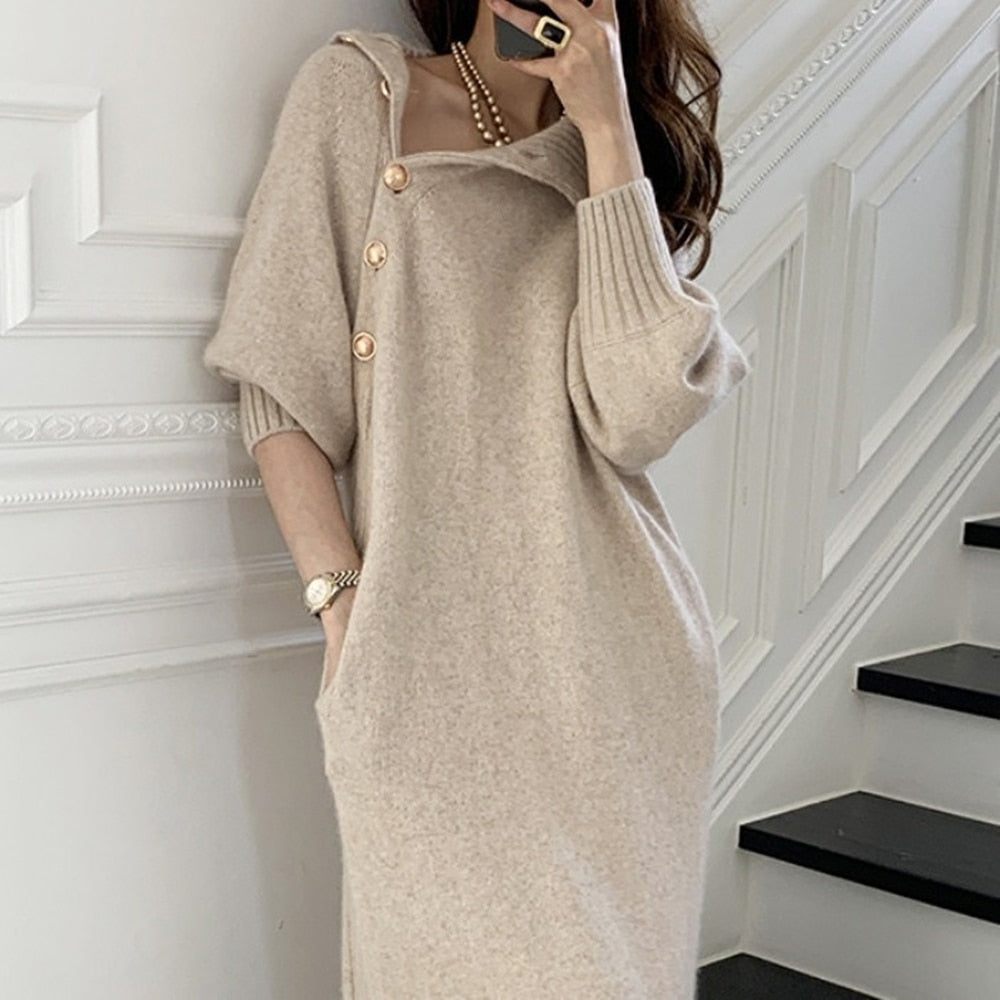 Summer Women Long Loose Knitted Sweater Dress Korean Lady Long Sleeve