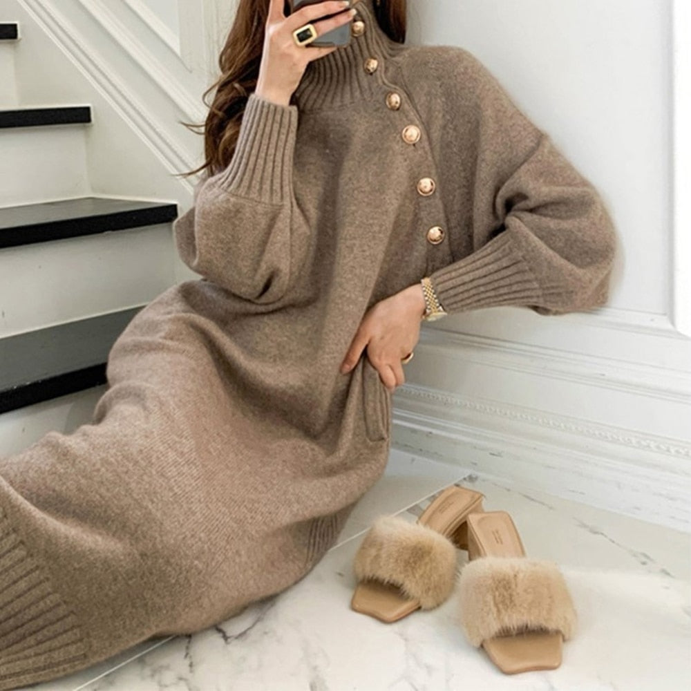 Summer Women Long Loose Knitted Sweater Dress Korean Lady Long Sleeve